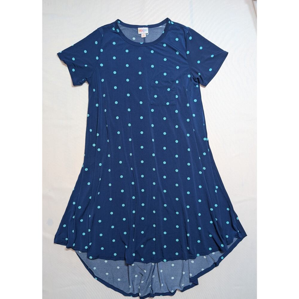 LuLaRoe Carly Midi Blue with Mint Green Polka Dots T-Shirt Dress Size XS